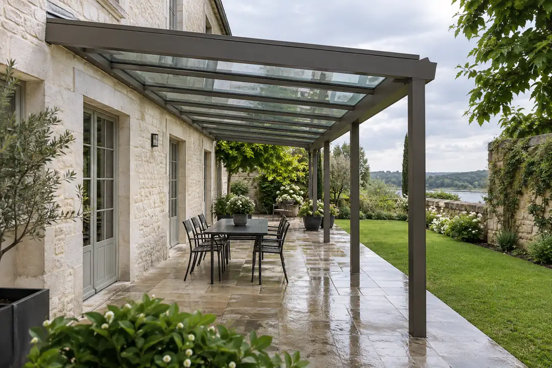 Longue pergola aluminium vitrée le long d’une maison en pierre, dallage encore mouillé par la pluie