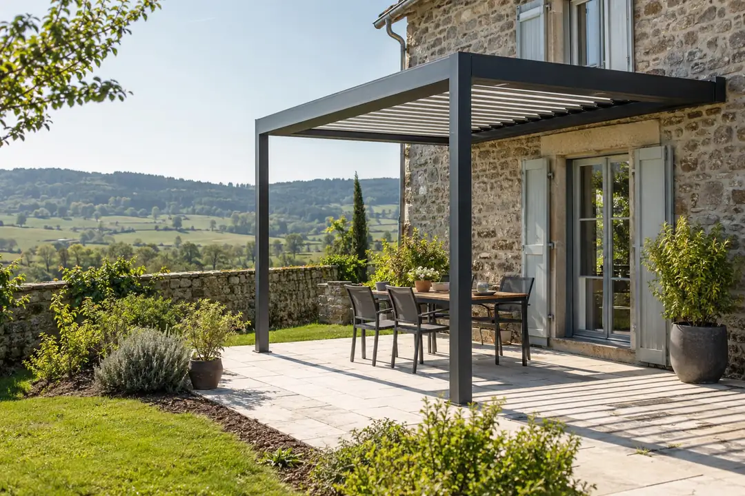 Pergola bioclimatique anthracite adossée à une maison en pierre, terrasse dallée face aux collines