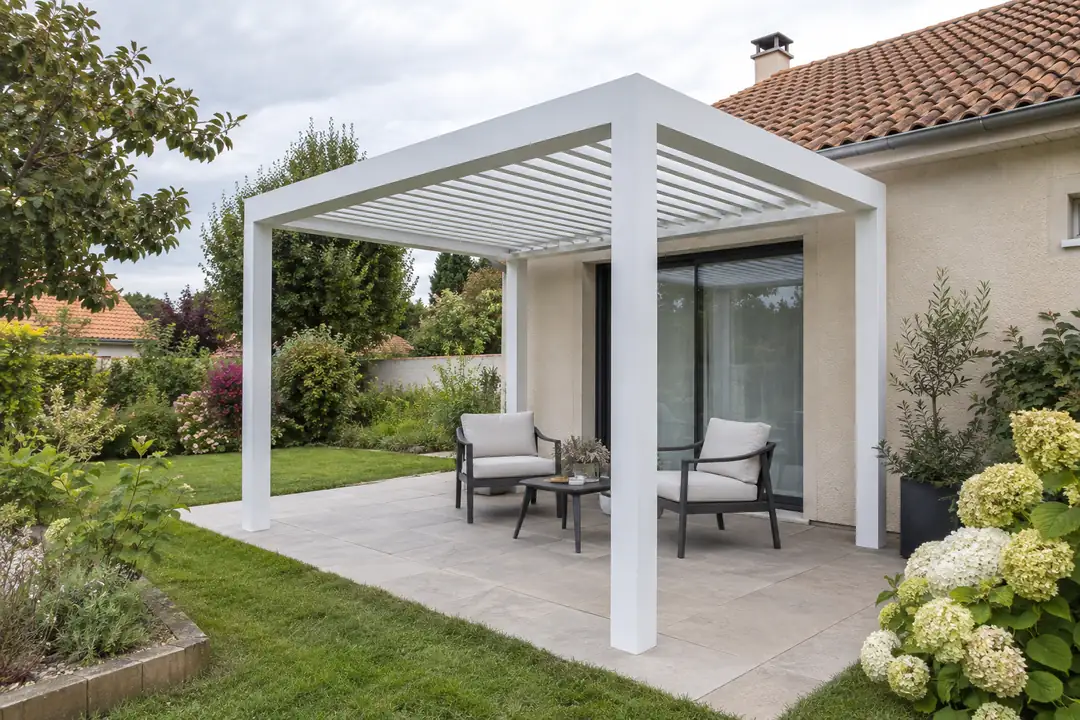 Pergola bioclimatique blanche adossée à un pavillon, salon de jardin entre les hortensias