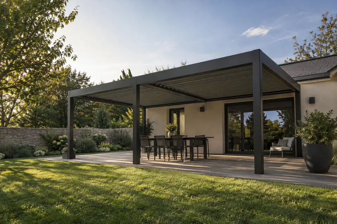 Grande pergola bioclimatique anthracite au-dessus d’une table de repas, au bord d’une pelouse