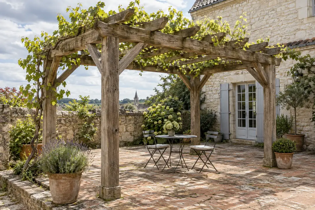 Pergola en chêne couverte de vigne dans la cour pavée d’une maison de village en pierre