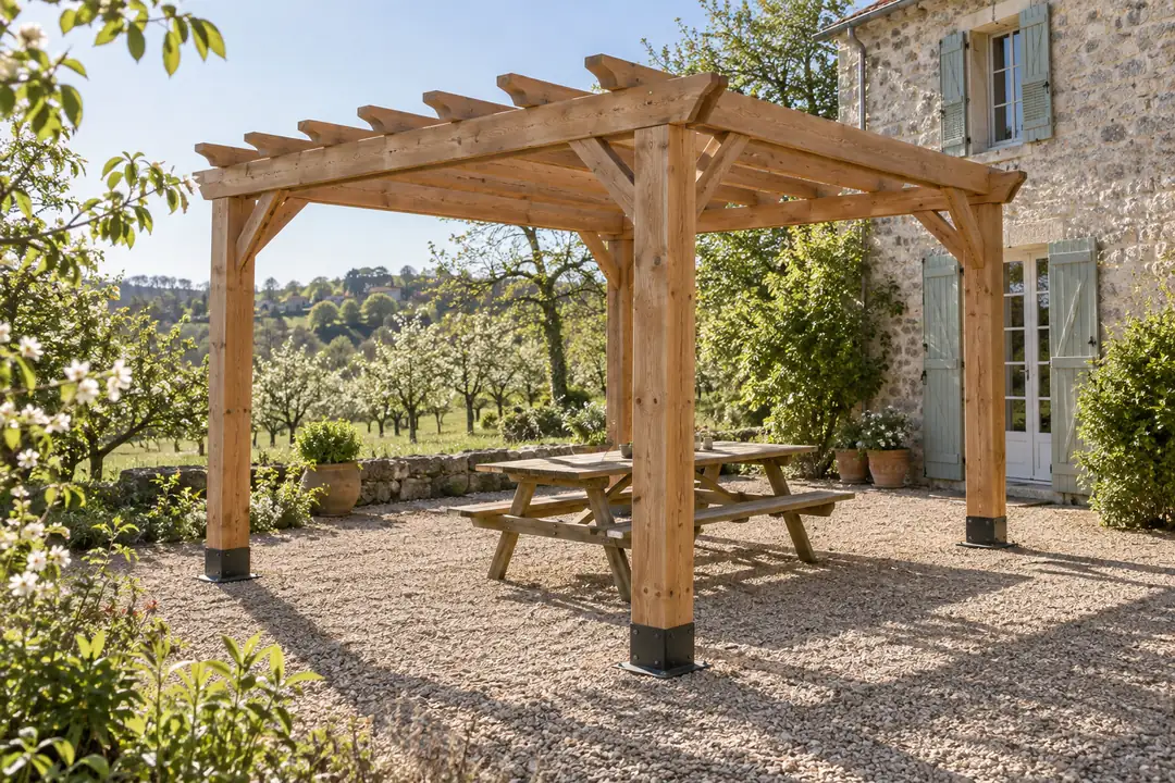 Pergola en douglas sur une terrasse gravillonnée, près d’une ferme en pierre et d’un verger