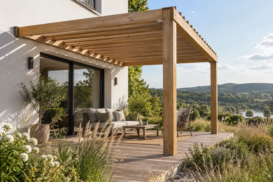 Pergola bois à lattes ajourées adossée à une maison blanche, terrasse en bois face aux collines