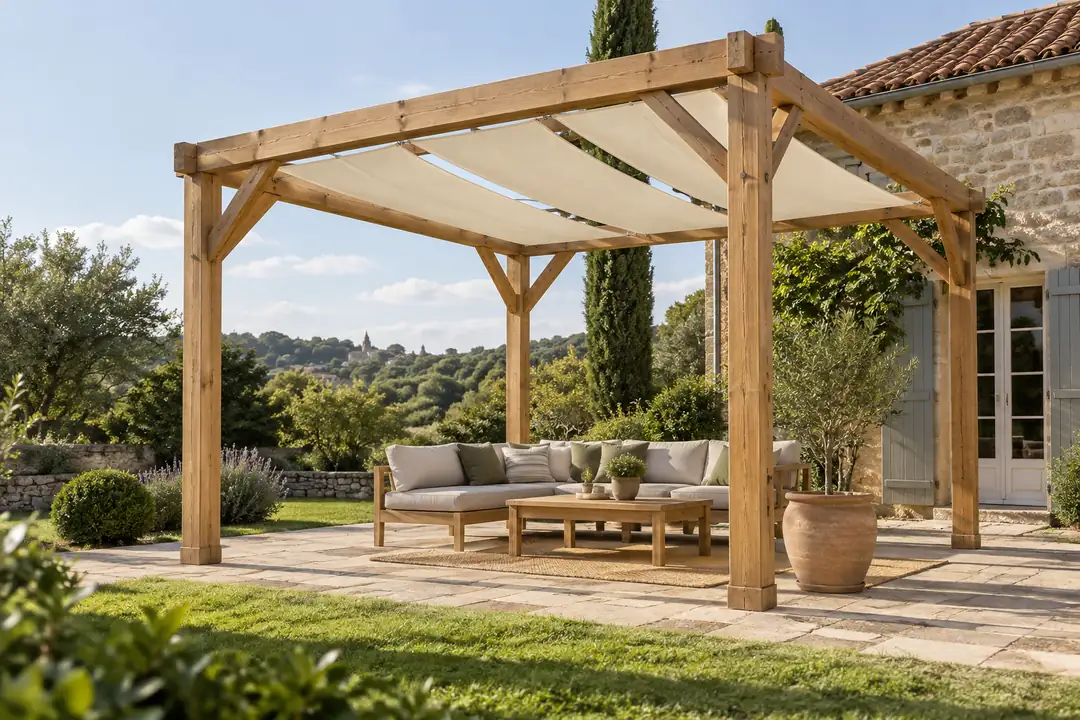 Pergola en mélèze tendue de voiles d’ombrage au-dessus d’un salon de jardin